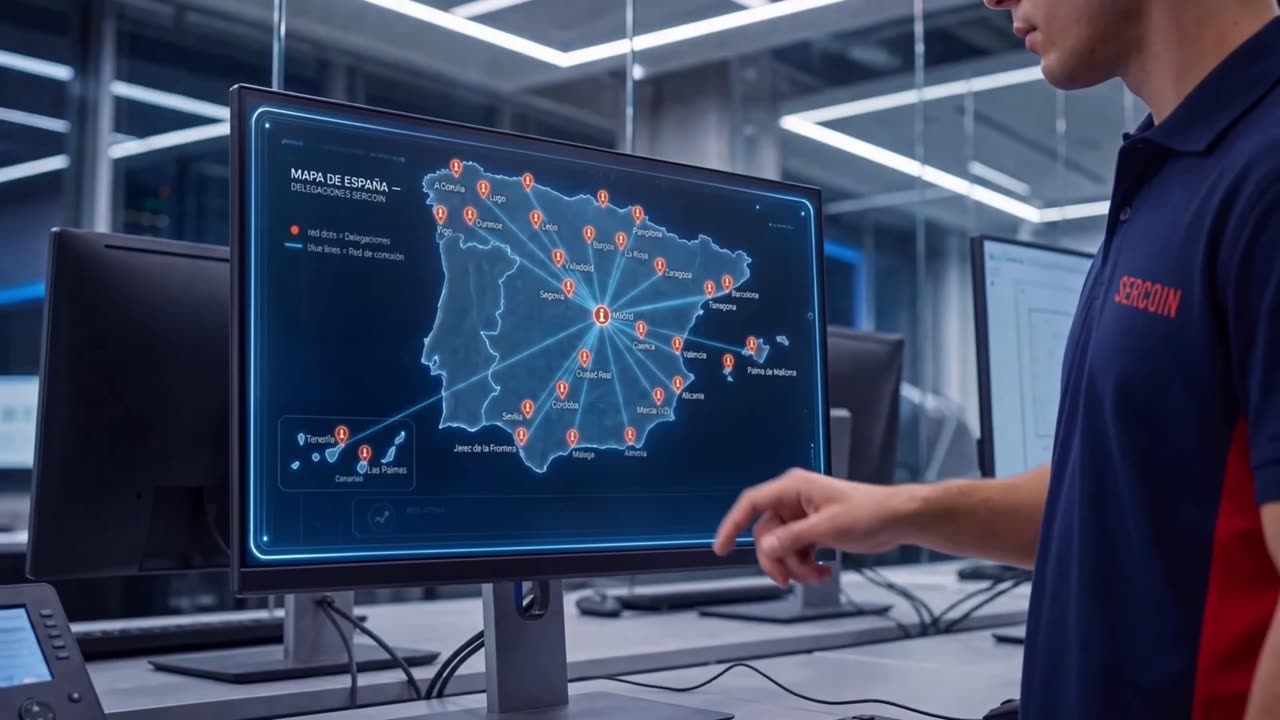 Pantalla con el mapa de delegaciones de SERCOIN en España, del vídeo corporativo
